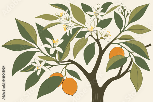 194 detailed realistic digital illustration, highly detailed, hyper realistic, cinematic lighting, oil painting, lush lemon tree, fragrant white blossoms, vibrant green leaves, ripe orange fruits, int