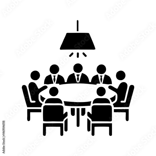 Office teamwork concept with employees brainstorming in professional business meeting room around round desk showing productivity discussion collaboration and corporate strategy