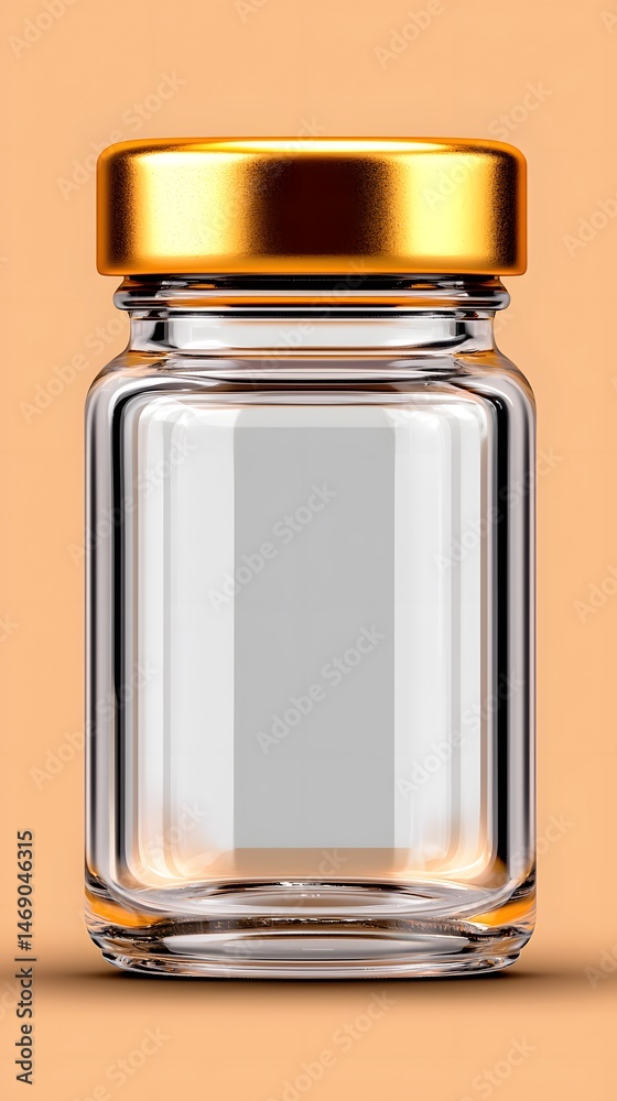 Vertical Glass Jar Mockup with Gold Lid on Beige Background Vertical Glass Jar Mockup with Gold Lid on Beige Background