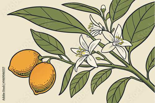 194 detailed realistic digital illustration, highly detailed, hyper realistic, cinematic lighting, oil painting, lush lemon tree, fragrant white blossoms, vibrant green leaves, ripe orange fruits, int