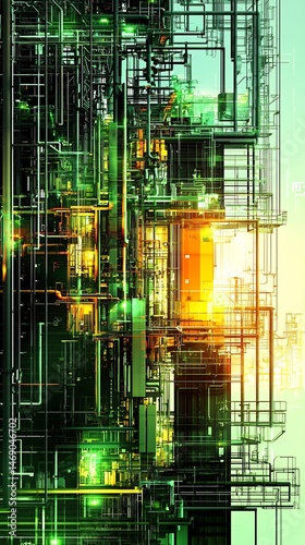 Intricate architectural visualization of a complex green and yellow industrial structure