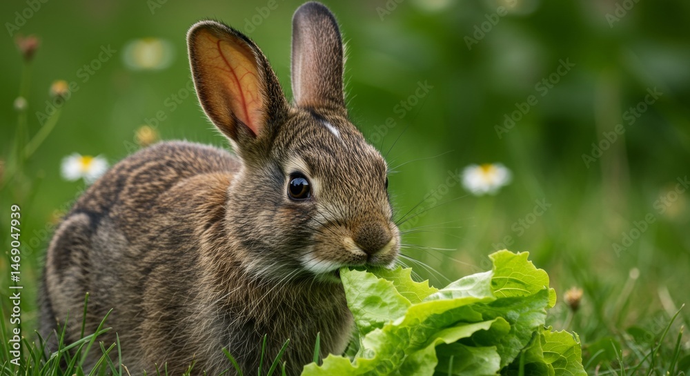 Fototapeta premium Brown hare munching fresh lettuce amidst a lush green meadow scenery