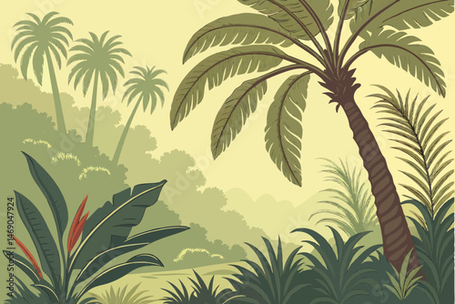 195 tropical palm trees, lush jungle foliage, detailed botanical illustration, vintage, classical painting style, vibrant colors, photorealistic, highly detailed