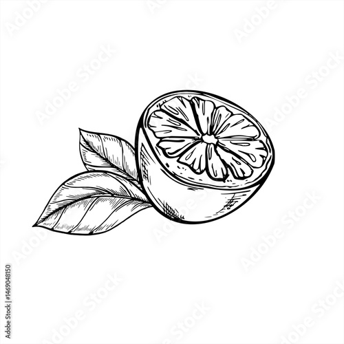 Monochrome vector citrus half with fresh leaves illustration painted by black inks. Lemon or lime outline style for healthy food packaging, bar menus and kitchen textile designs.
