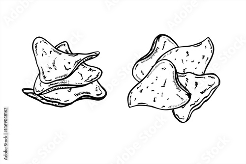 Triangular nachos chip pile vector illustration in monochrome linear style. Etching drawing of nacho heap clip art. Street food for Mexican restaurant menus, movie night packaging, or cinema bar merch