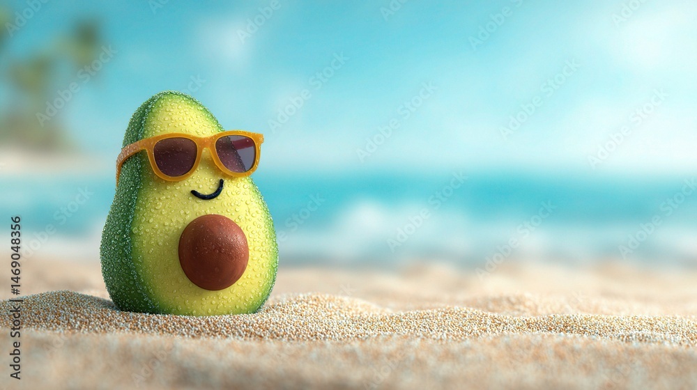 Obraz premium Cartoonish Avocado with Sunglasses and Smile on a Beach Background