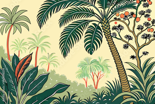 195 tropical palm trees, lush jungle foliage, detailed botanical illustration, vintage, classical painting style, vibrant colors, photorealistic, highly detailed