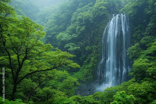 Majestic Waterfall in Lush Green Forest