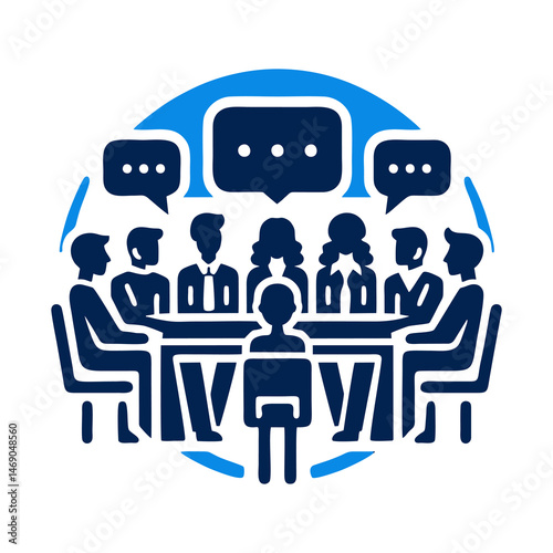 Flat vector of office employees participating in business meeting around round table showing corporate teamwork collaboration strategy and organizational planning productivity session