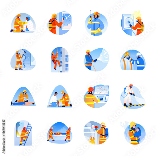 Set of 16 Fireman Characters Flat Style Illustrations