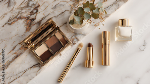 Elegant makeup products on a marble surface.