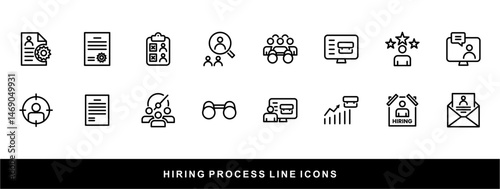 Hiring Process Line Icons. Recruitment, Job Application, Interview, Candidate Selection Vector Set