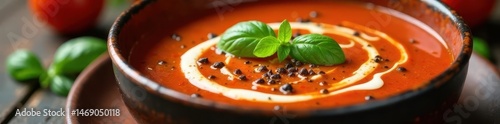 Rich tomato soup with swirl of cream, fresh basil, black pepper, cuisine, macro