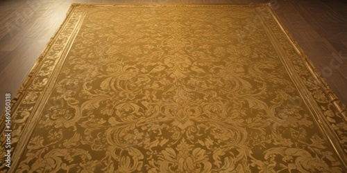 Opulent gold-framed damask with scrolling floral patterns on plush floors , repeat, detail, texture
