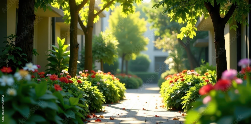 Vibrant urban garden, sunlight dappled leaves, vertical garden, urban farming Vibrant urban garden, sunlight dappled leaves, vertical garden, urban farming