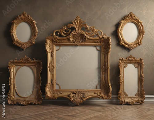 Assorted shaped vintage frames against rich damask , vintage frames,  art,  silver