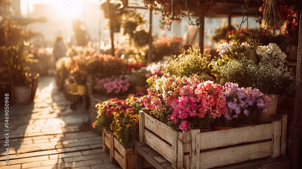 Fototapeta premium Vibrant Flower Market Scene with Wooden Crates Under Warm Light