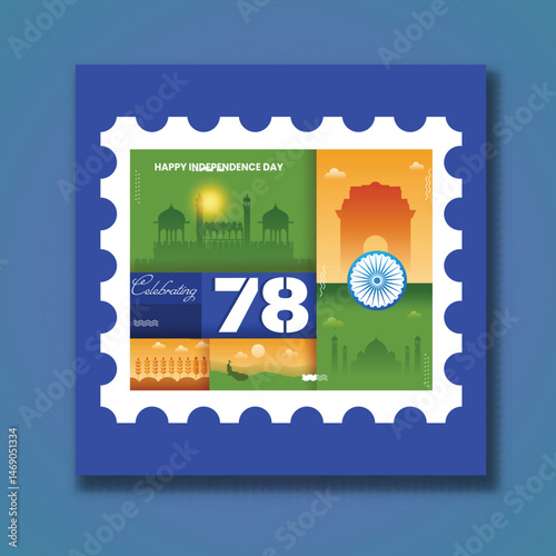 Celebrating India's 78th Independence Day Concept with Famous Monument on Blue Background.