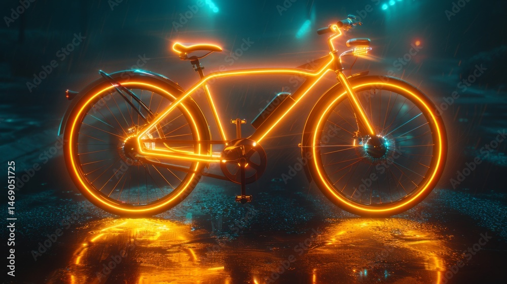 Fototapeta premium Neon Bike in a Rainy Night