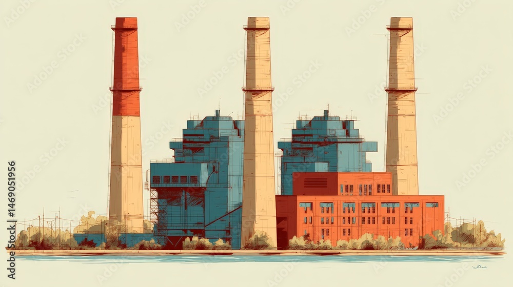 Obraz premium Vintage Industrial Power Plant Illustration with Three Smokestacks