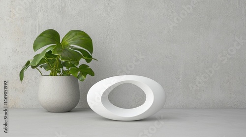 A minimalist living room scene with a large plant in a gray vase and a white sculpture on the floor.