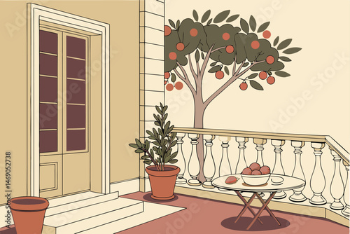 196 a rendering of a patio or balcony with a potted pomegranate tree, other potted plants, a white railing, and a table with fruits,digital illustration, detailed, elegant, warm colors, soft lighting