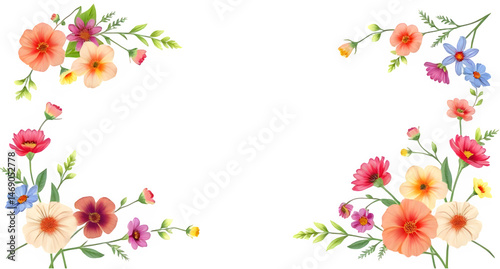 Vibrant Floral Frame PNG, Transparent Bloom Border Arrangement, Botanical Spring Overlay, Colorful Flower Illustration for Summer Wedding Invitation Cards