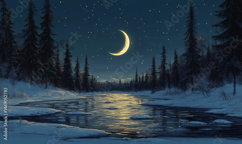 artistic depiction of a frozen river surrounded by tall evergreens, its icy surface reflecting the light of a crescent moon, Generative AI