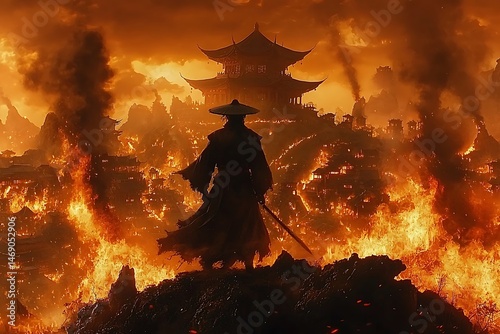 Burning Cityscape: A Lone Samurai Witnessing Devastation