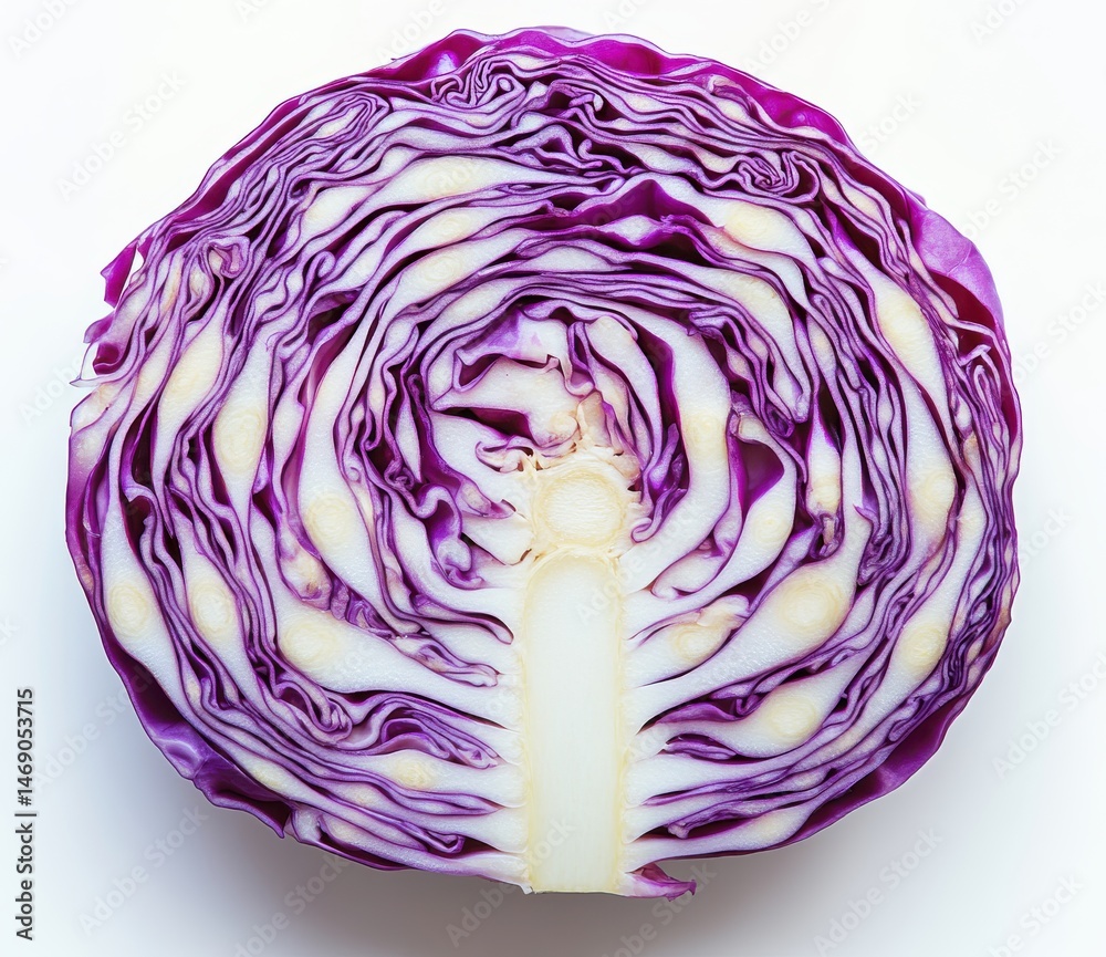 Fototapeta premium Halved Red Cabbage Closeup, Vibrant Purple and White Layers on White Background