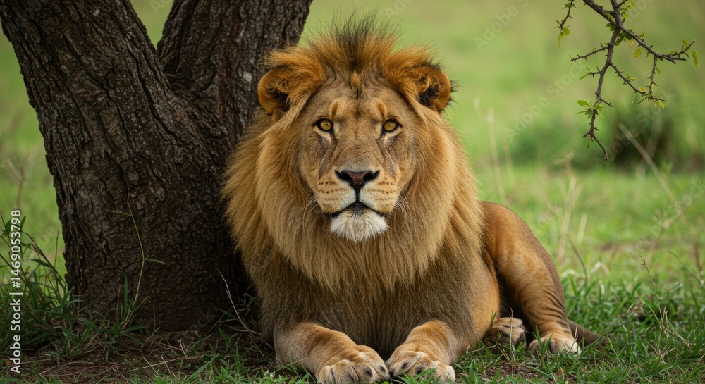 Majestic male lion resting near a tree in the African savanna, a captivating portrait of wildlife Majestic male lion resting near a tree in the African savanna, a captivating portrait of wildlife