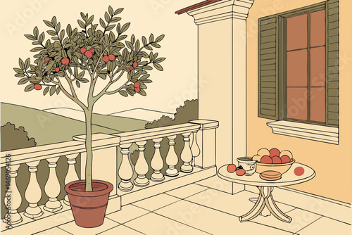 196 a rendering of a patio or balcony with a potted pomegranate tree, other potted plants, a white railing, and a table with fruits,digital illustration, detailed, elegant, warm colors, soft lighting