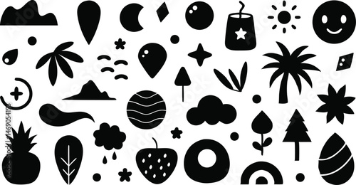 Black and white vector set of abstract summer doodles, featuring playful and creative designs capturing the essence of summer vibes