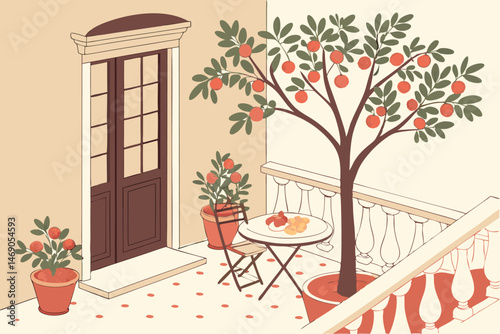 196 a rendering of a patio or balcony with a potted pomegranate tree, other potted plants, a white railing, and a table with fruits,digital illustration, detailed, elegant, warm colors, soft lighting