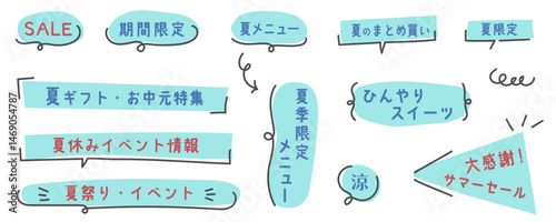 夏色ブルーの手書きふきだし、フレームセット　ベクターイラスト　背景　線の編集可能　広告　チラシ　ポスター　白背景　見出し　タイトル　メッセージ　コメント