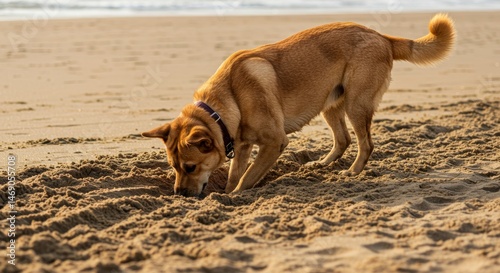 Dog intensely digging in sandy beach with ocean backdrop scenery photo