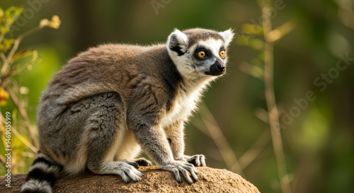 Ring-tailed lemur portrait with its distinctive banded tail and striking yellow eyes, posing in a wildlife sanctuary on a blurred background
