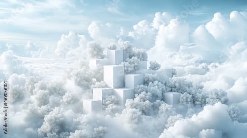White cubic structures nestled amidst fluffy cloudscapes.