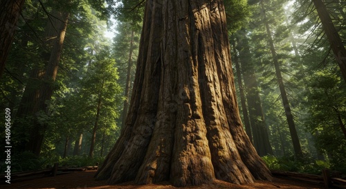 A majestic redwood stands tall, surrounded by a forest canopy of towering trees