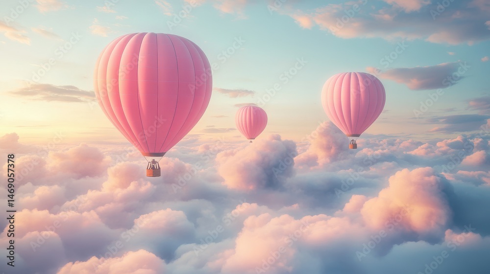 Fototapeta premium Ultra quality image of pink hot air balloons float above pastel clouds.