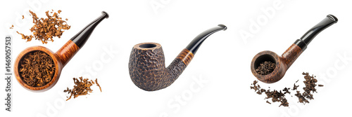 Set of Beautifully detailed close-up of a smoking pipe on a rough wooden table, with smoke rising into the air, and a crisp on transparent png background. Ai generated