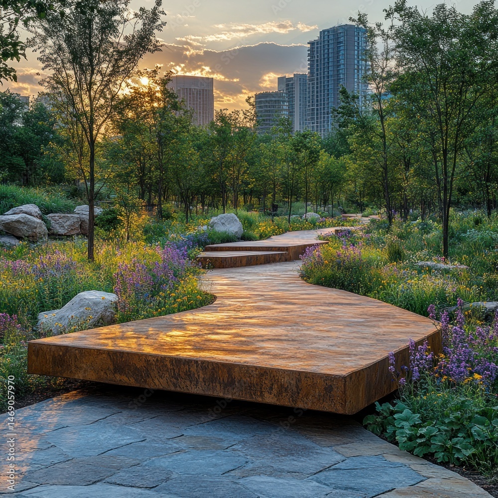 Obraz premium Sunset Serenity: Urban Oasis Pathway