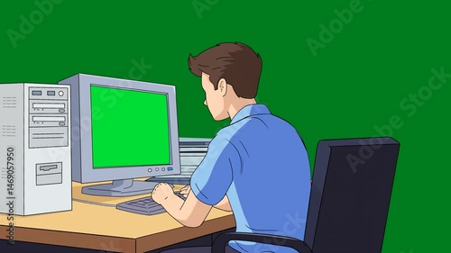 Stylized 2D Animation of Man Working on Desktop Computer with Green Screen Monitor