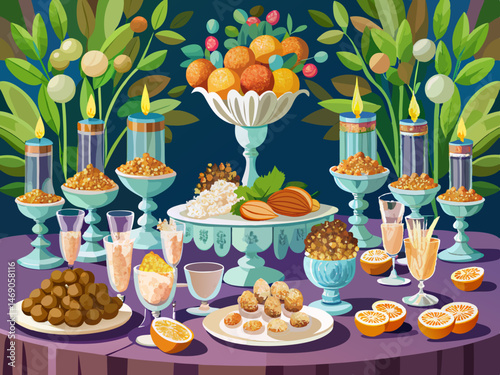 vector of The wedding table of the bride and groom with long crystal bases decorated with walnuts, cantaloupe, cream and almonds on the wedding table