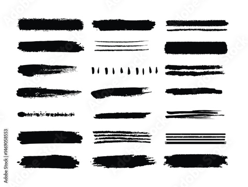 Black brush strokes and lines isolated on white background.