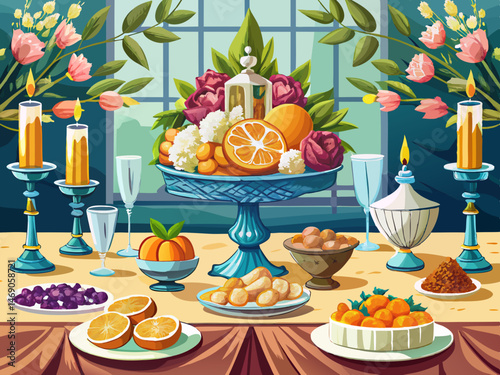vector of The wedding table of the bride and groom with long crystal bases decorated with walnuts, cantaloupe, cream and almonds on the wedding table