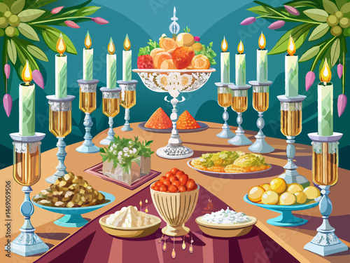 vector of The wedding table of the bride and groom with long crystal bases decorated with walnuts, cantaloupe, cream and almonds on the wedding table