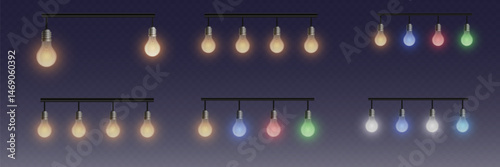 Set of realistic glowing colorful Christmas lights and bulbs and garlands.