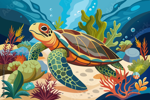Sea turtle splashes on the seabed with corals wallpaper