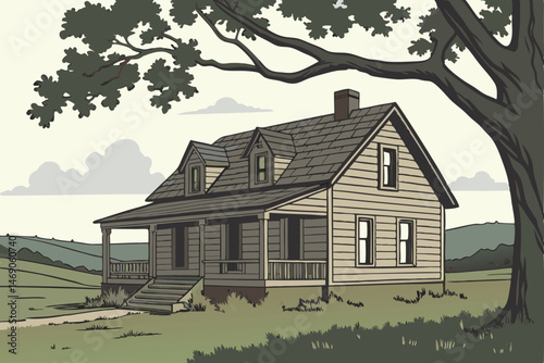 199 a rustic old wooden house in a field, with a covered porch, a grey shingled roof, and a mature tree in the foreground, detailed photorealistic, cinematic lighting, 8k, sharp focus